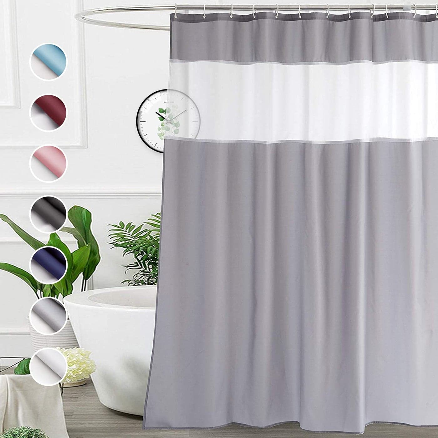 UFRIDAY 96 inch Long Shower CurtainXLong Light Grey and White Fabric Shower Curtain for Bathroom with Mesh Window Weighted Bottom Hem Machine Washable Extra Long 72 x 96 Inches