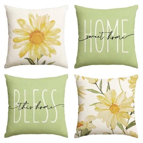 AVOIN colorlife Home Sweet Home Spring Summer Flowers Green Throw Pillow Covers 18 x 18 Inch Cushion Case for Sofa Couch Set of 4