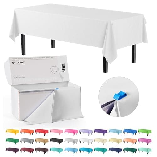 Party Solids 54 Inch X 300 Feet White Plastic Table Cover Roll in A Cut - to - Size Box with Convenient Slide Cutter. Cuts Up to 36 Rectangle 8 Feet Plastic Disposable Tablecloths