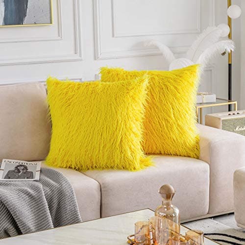 Home Brilliant Set of 2 24x24 Spring Pillow Covers Fall Decorative Europe Throw Pillow Covers Case Faux Fur Large Pillow Covers for Bench Winter Decor 24 x 24 Inch 60x60cm Yellow