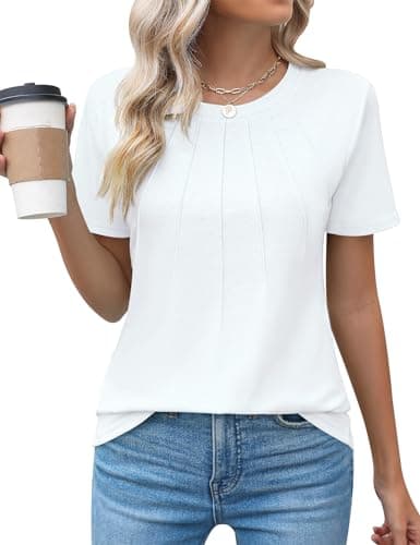 Kistore Womens Summer Tops Crew Neck Short Sleeve Pleated White Shirts for Women Fashion Clothes L