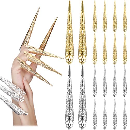 Leelosp 20 Packs Halloween Finger Nail Claw Rings Ancient Queen Fingernail Metal Finger Knuckle Claw for Halloween Women Cosplay Costume Drama Dance Show(Gold, Silver)