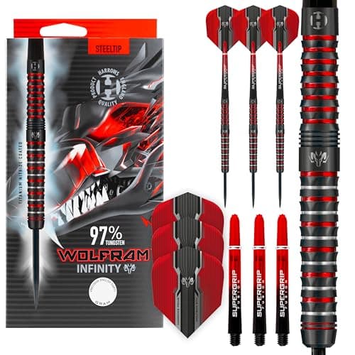Harrows Wolfram Infinity 97% Tungsten Steel Tip Darts Set, Includes Supergrip Fusion Shafts & Prime Wolfram Infinity Flights. Available in Range of Weights (21g)