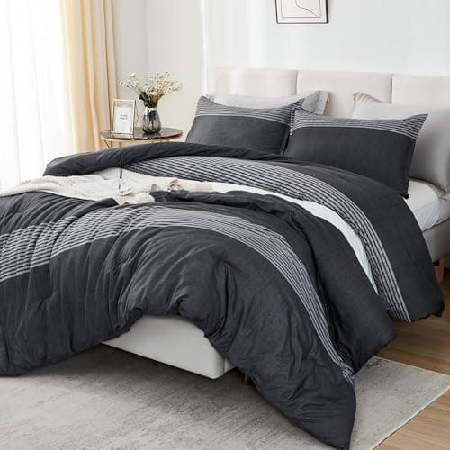 Litanika California King Comforter Set Black White Grey 3 Pieces Cal King Oversized Lightweight Colorblock Stripe Bedding Set 104x96In 2 Pillowcases