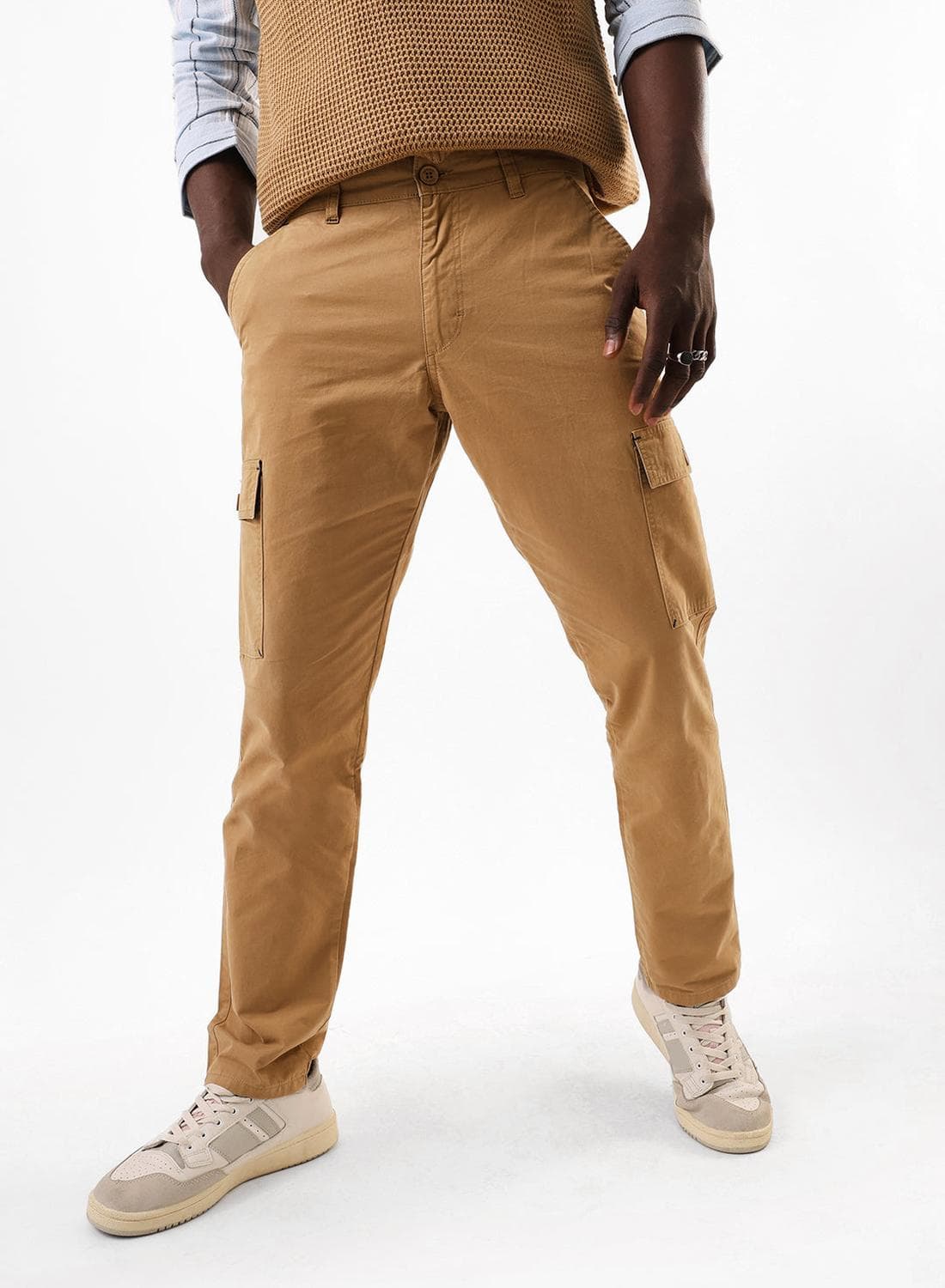 Men's Khaki 100% Cotton Full Slim Fit Cargo Trouser
