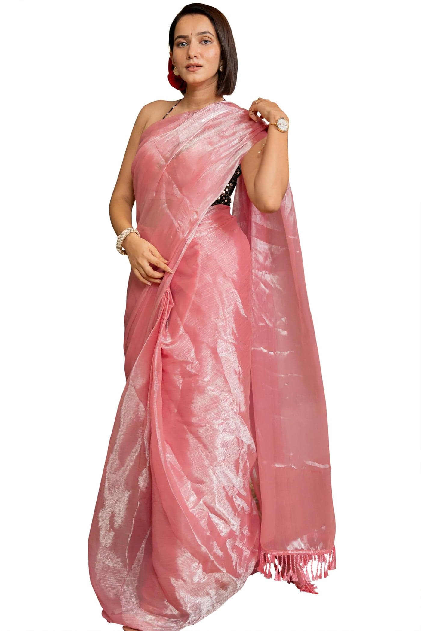 MIRCHI FASHION Women Ready to Wear Organza Solid Saree with Blouse Piece | Pre Draped Farewell Sari (43511 - Peach Pink)