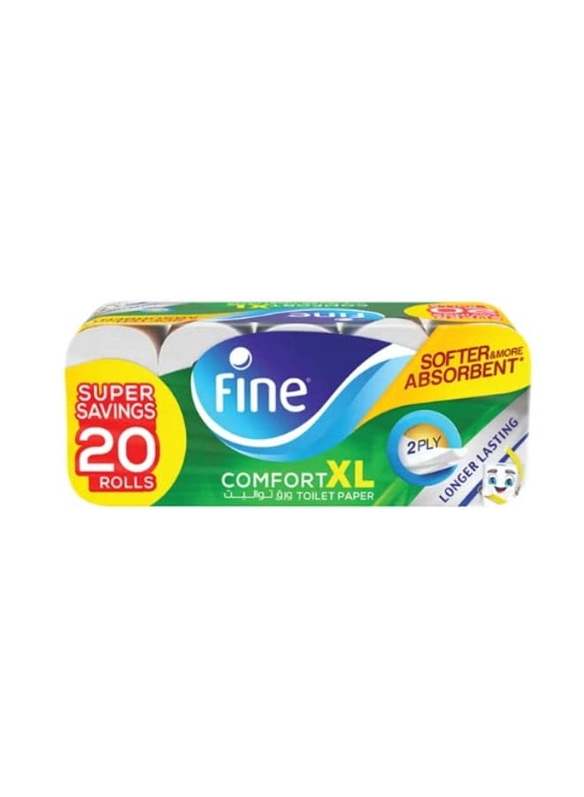 Fine Comfort XL Toilet Paper, 2 Ply, 250 Sheets per Roll, Pack of 20 Rolls, White