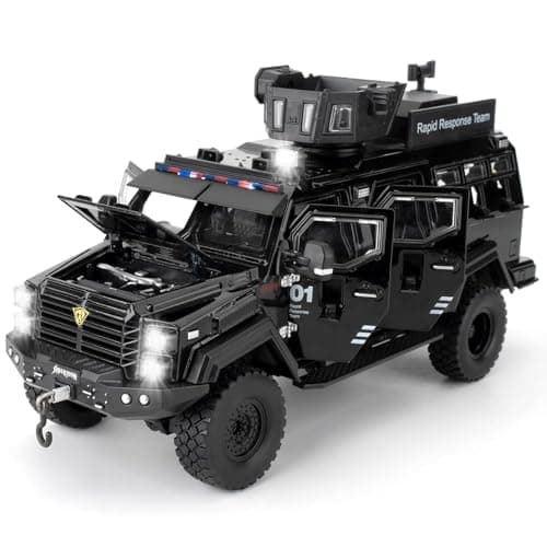 FEXXA Compatible for 1:24 Saber-Toothed Tiger Alloy Armored Car Model, Collectible Diecast Armoured Explosive Protected Vehicle Toy, Pull Back Toy Car with Sound and Light for Adult Kids (Black)