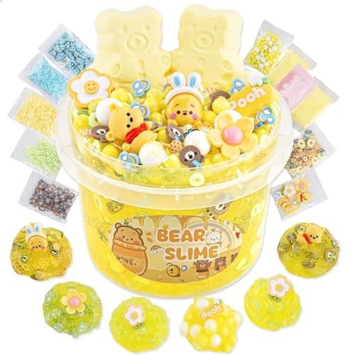 LAWOHO Bear Clear Slime 300ml Yellow Clear Slime Kit for Girls Ages 812 with 9 Packs Cute AddIns for Kids Party Favors Non Stick Slimes with Clay Toys Birthday Halloween Christmas Easter Gifts