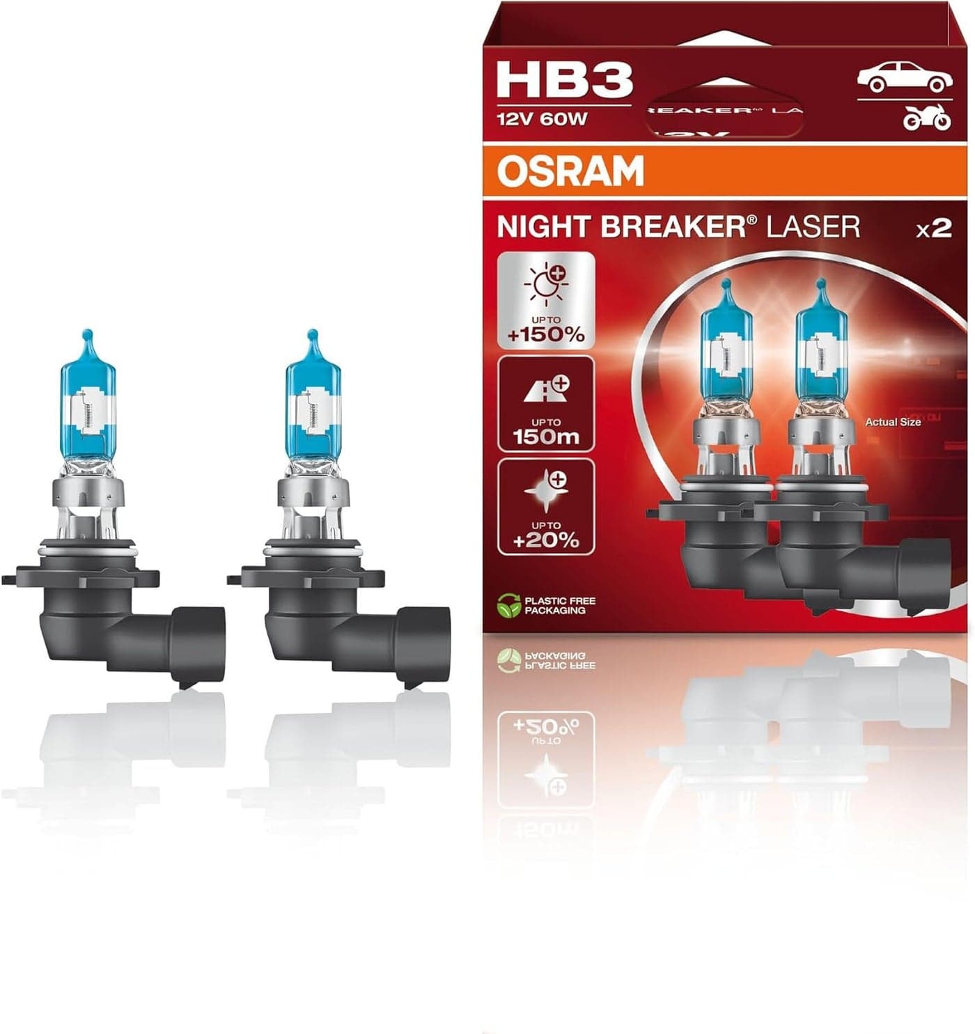 OSRAM NIGHT BREAKER LASER HB3 Halogen Headlamp Duo Box (2 Lamps) - 150% More Brightness