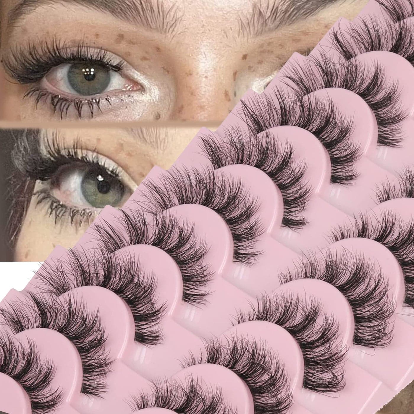 FANXITON Mink Lashes with Clear Band 15 MM 10 Pairs CatEye Lashes Natural Look False Eyelashes Pack Wispy Eyelashes 3D Faux Mink Eyelashes