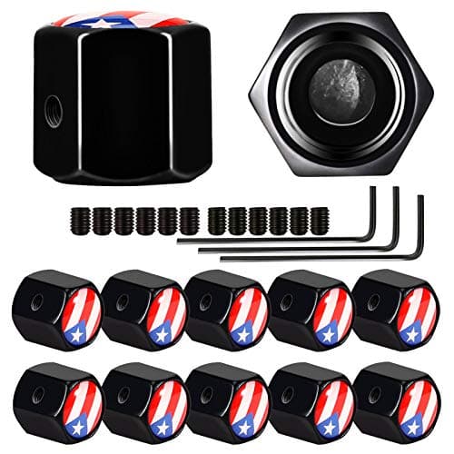 Dsycar 12 Pack Anti-Theft Puerto Rico Flag Tire Valve Caps, Universal Aluminum Stem Covers for Cars, Trucks, Bikes, Motorcycles | Airtight Seal | Hexagon Design (Anti- Theft/ Puerto Rico Flag)