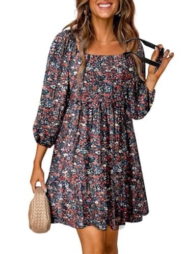 Dokotoo Dresses for Women 2025 Casual Elegant Boho Resort Wear Floral Square Neck Long Sleeve Smocked Elastic Waist Mini Cute Tunic Sun Short Dress Beach Vacation Outfit Clothes Sundress Blue Medium