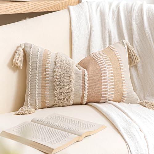 BlissBlush 12x20 Lumbar Pillow Cover, Neutral Cream Boho Accent Pillowcase with Tufted Texture and Tassels, Rectangular Decorative Cushion for Sofa Couch Living Room (Cover Only)