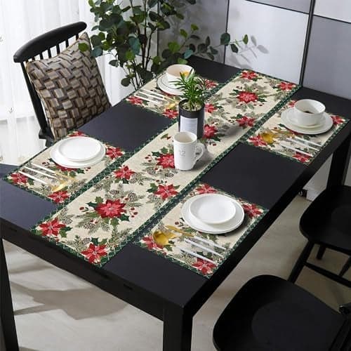 PRAKARTIK BY INDUARTS Red Flower Green Border Christmas Eco-Friendly Cotton Dining Rectangular Table Mat with Runner - Reusable, Machine Washable, Everyday Use Red & Green (Set of 4+135 cm Runner)