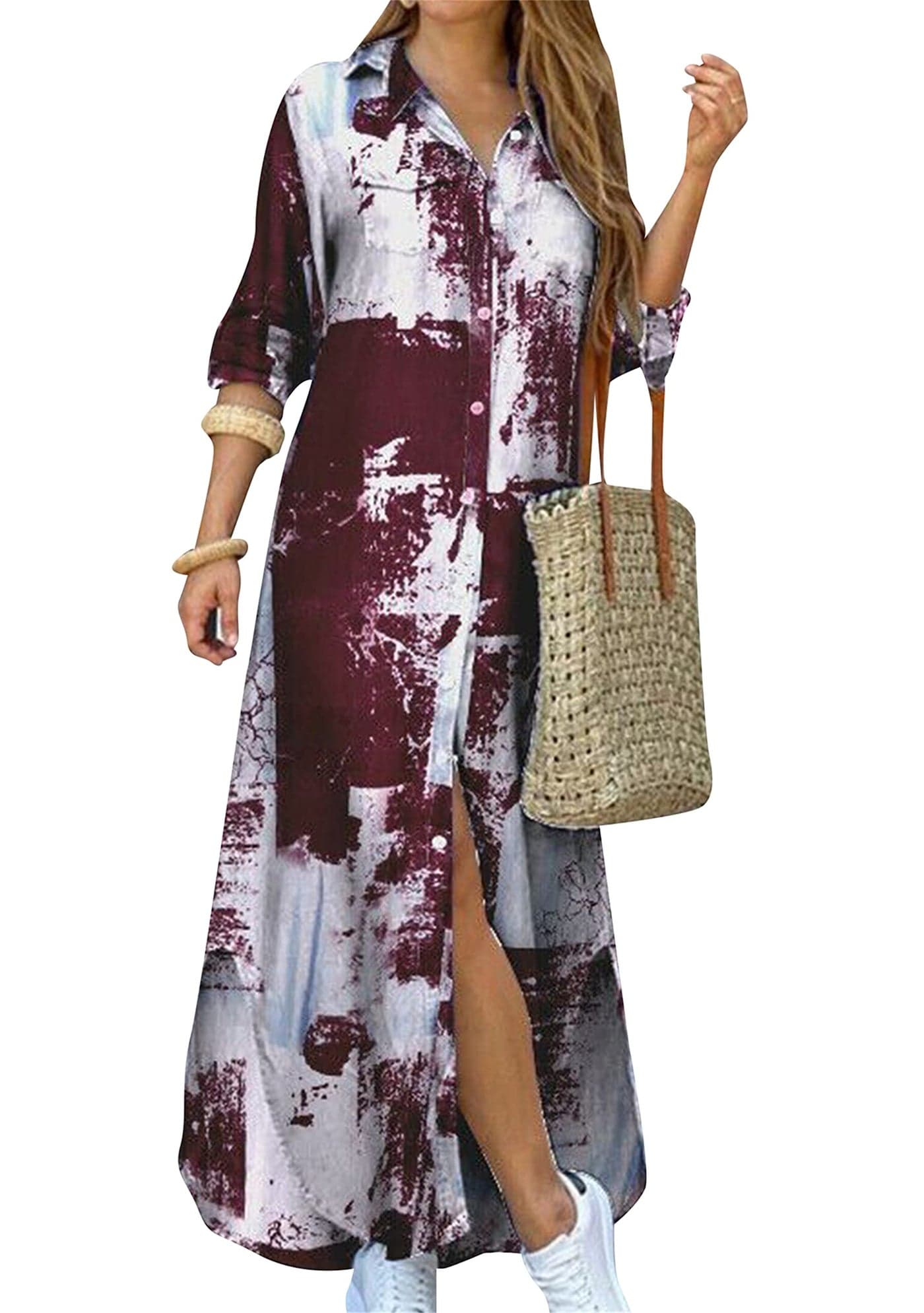 DIACACY Women's Side Slit Maxi Long Swings Casual Open Front Rolled-up Sleeve Dress Buttons Down Dresses Tie Dye Wine Red 3XL