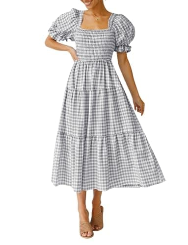 ZESICA Women's 2025 Bohemian Summer Plaid Square Neck Puff Sleeve Ruffle Flowy Beach Midi Dress,Grey,Medium