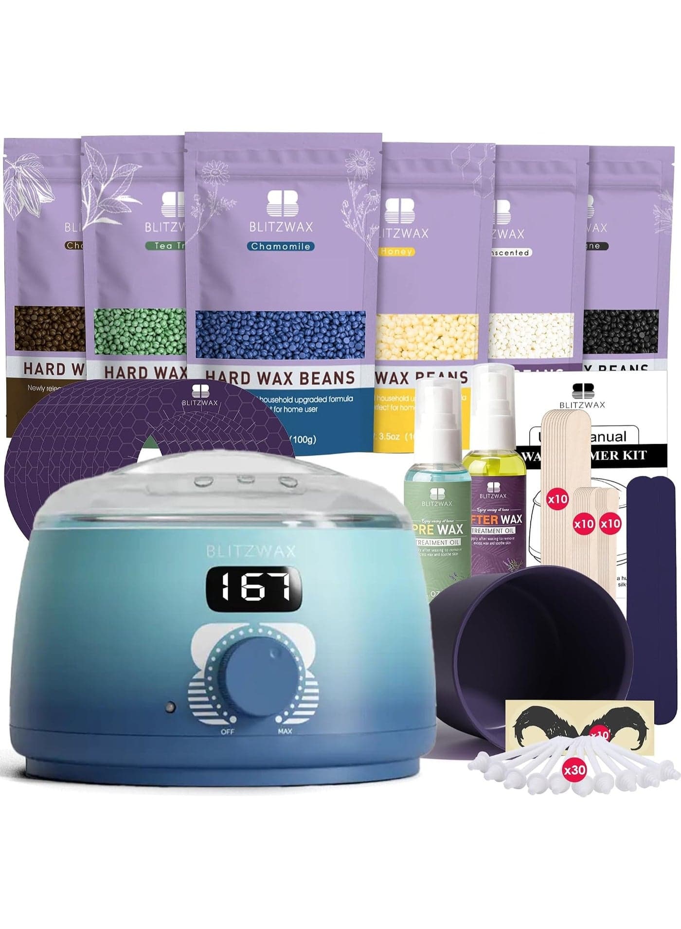 BLITZWAX Back and Nose Waxing Kit for Men, Hard Wax Warmer for Brazilian, Body and Face, At Home Hair Removal Kit, Beginner Friendly, Quick Heating, 93 Accessories, Blue Waves
