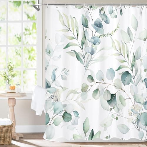 MitoVilla Sage Green Spring Floral Shower Curtain, Modern Plants Botanical Fabric Cloth Shower Curtains for Chic Elegant Bathroom Decor, Watercolor Eucalyptus Leaf, 72x72