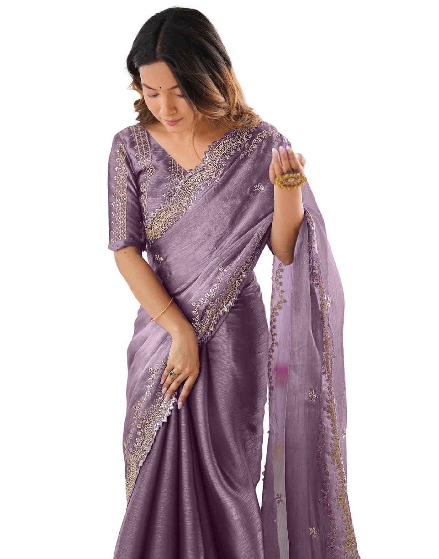 SIRIL Women's Shimmer Chiffon Sequence Embroidery Saree with Unstitched blouse Piece (4317S169_Dusty Mauve)