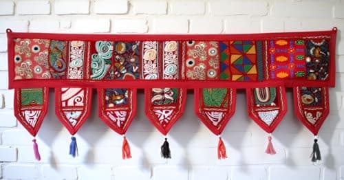 ICC valances for windows Toran Cotton Vintage Patchwork Door Hanging Valance Window Hand Embroidered Bohemian Decor Living Room Wall bedroom living room Home Handmade Decorations Red 40 Inches