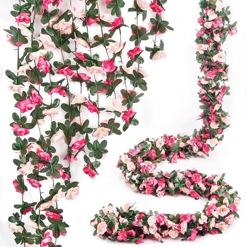 Miracliy 5Pcs 41FT Pink Flower Garland Artificial Rose Arch Vines Fake Spring Floral Garland for Flower Wall Backdrop Wedding Mothers Day Garden Tea Party Decoration