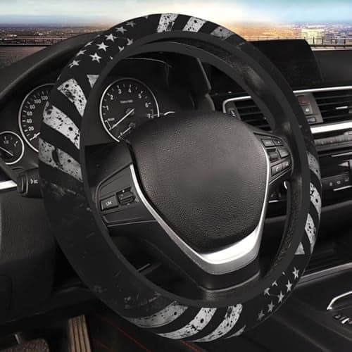 MAGIFUN Black American Flag Steering Wheel Cover US Flags Pattern Car Accessories Easy to Install Steering Wrap Protector for Cars Truck Van SUV NonSlip Car Accessories for Men Women Girls