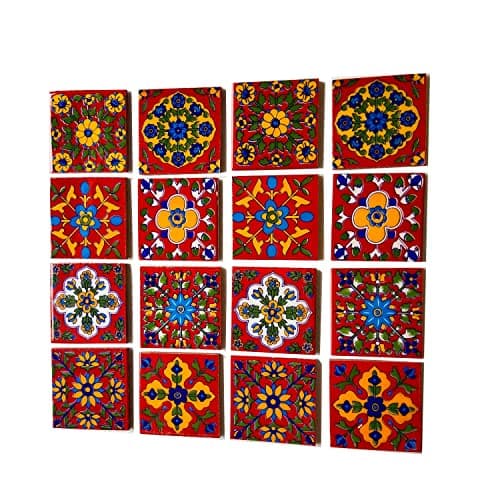 Shiv Kripa Blue Pottery Home Decorative Ceramic Wall Hanging Tile - Design Flooring, Floral Kitchen Washroom Mosaic Furniture Handmade Backsplash 3 x 3 Inches (Pack of 20, Multicolor)