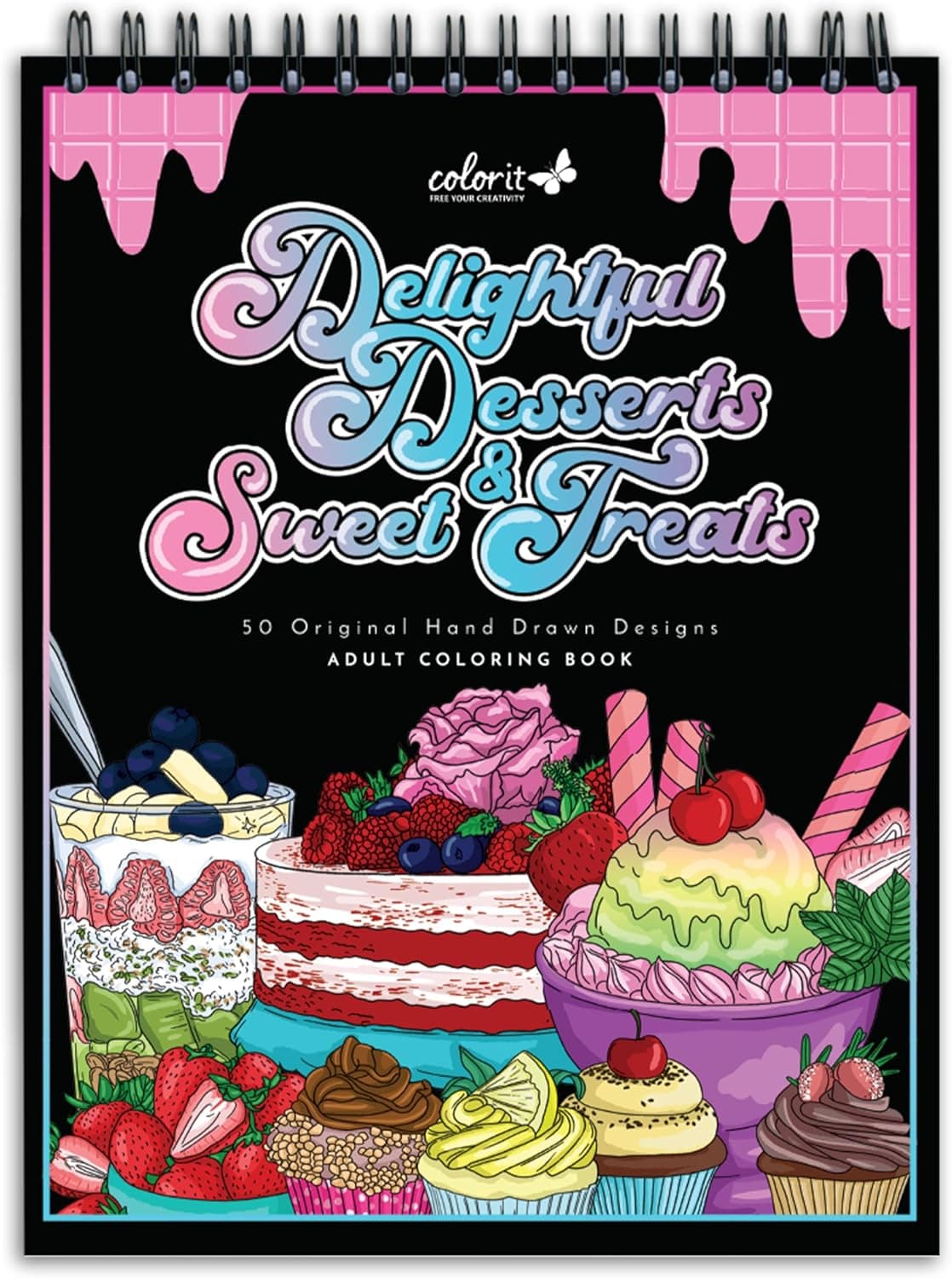 ColorIt Delightful Desserts and Sweet Treats Adult Coloring Book - 50 Original Hand-Drawn Designs