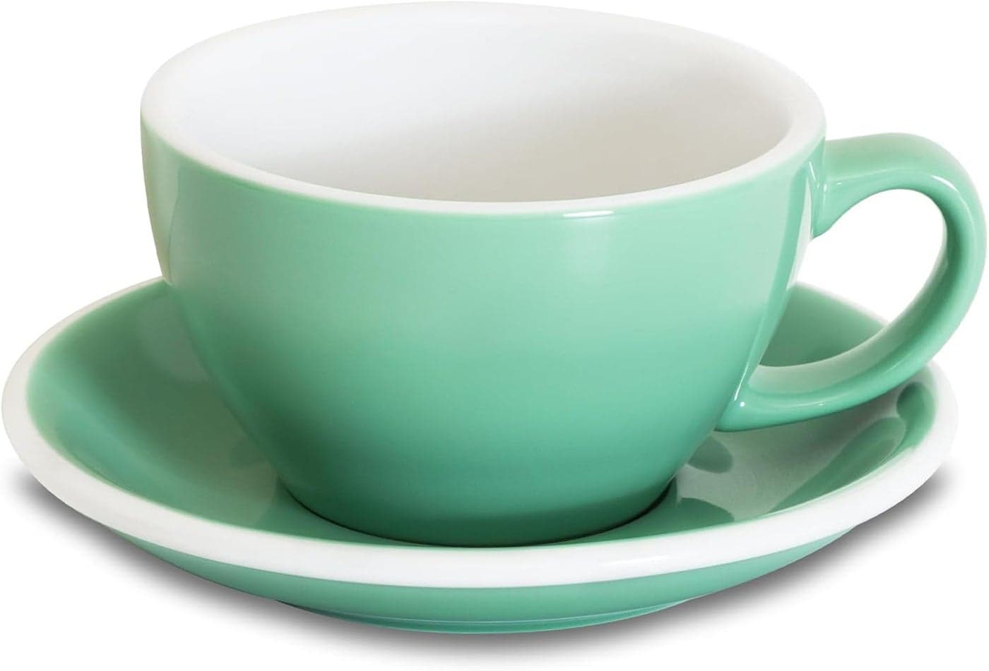 Latte Art Mug with Saucer 10 oz Ceramic Coffee cup with Round Bottom for Latte Cappuccino Tea Espresso Thickwalled Stoneware Cup Set for Barista Regular Colours Mint 10OZ