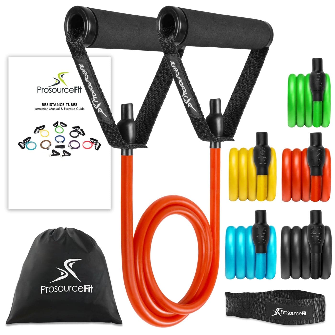 ProsourceFit Tube Resistance Bands Set 2 20 LB with Attached Handles Door Anchor and Exercise Guide FullBody Exercises and Home Workouts