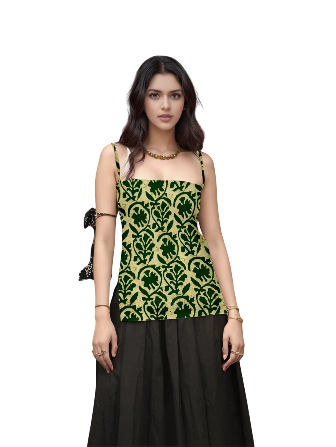 Aahwan Green Printed Square Neck Sleeveless Backless Short Indo-Western Ethnic Kurti Top for Women's & Girl's (356-Green-M)
