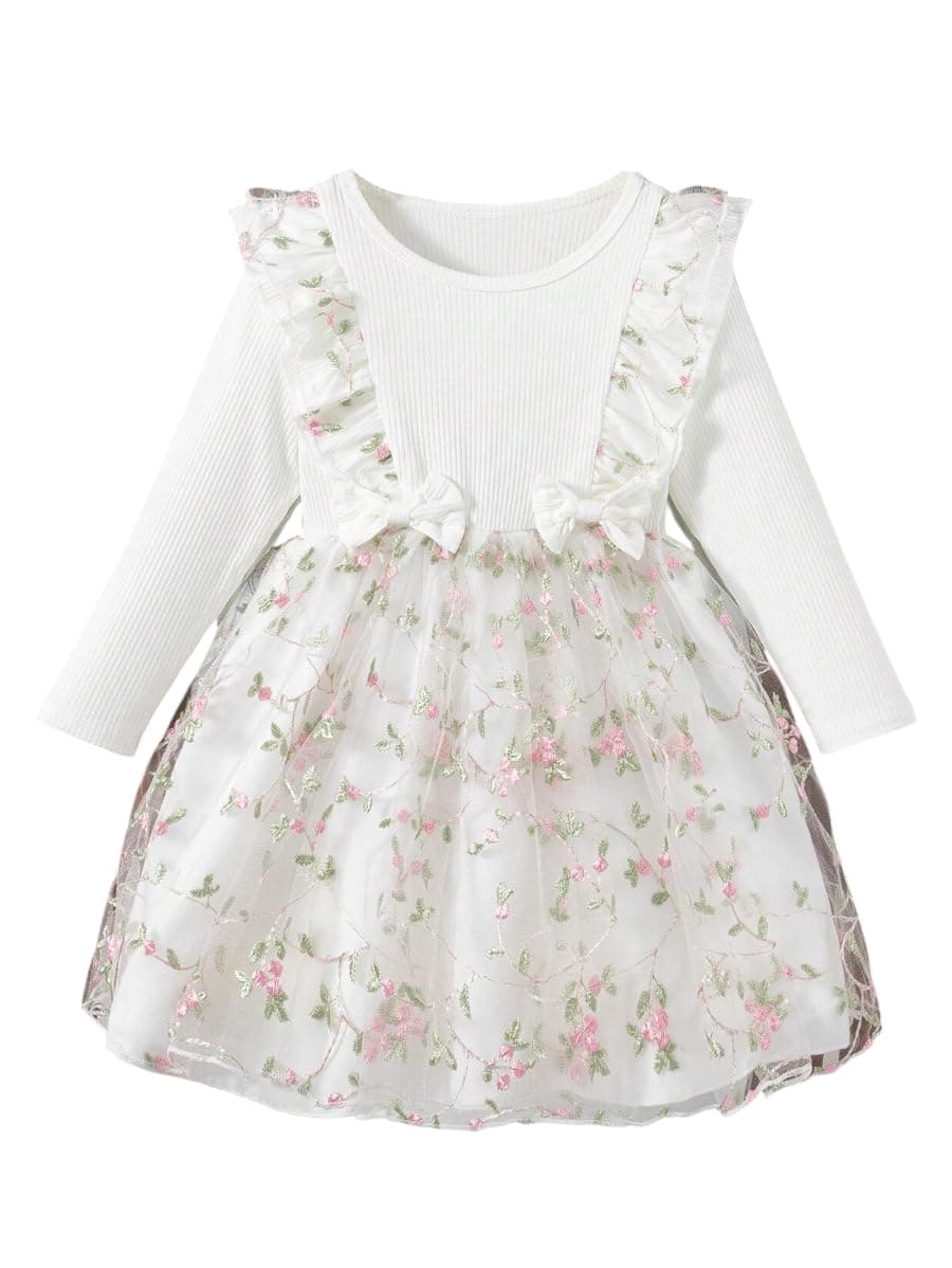 Tagas Girls' Dress|Elegant Beige Baby Girl Dress with Lace Ruffles & Floral Embroidery – Long Sleeve Princess Birthday Party Dress | Comfortable & Stylish Kids Wear| PartFrock for Kids |