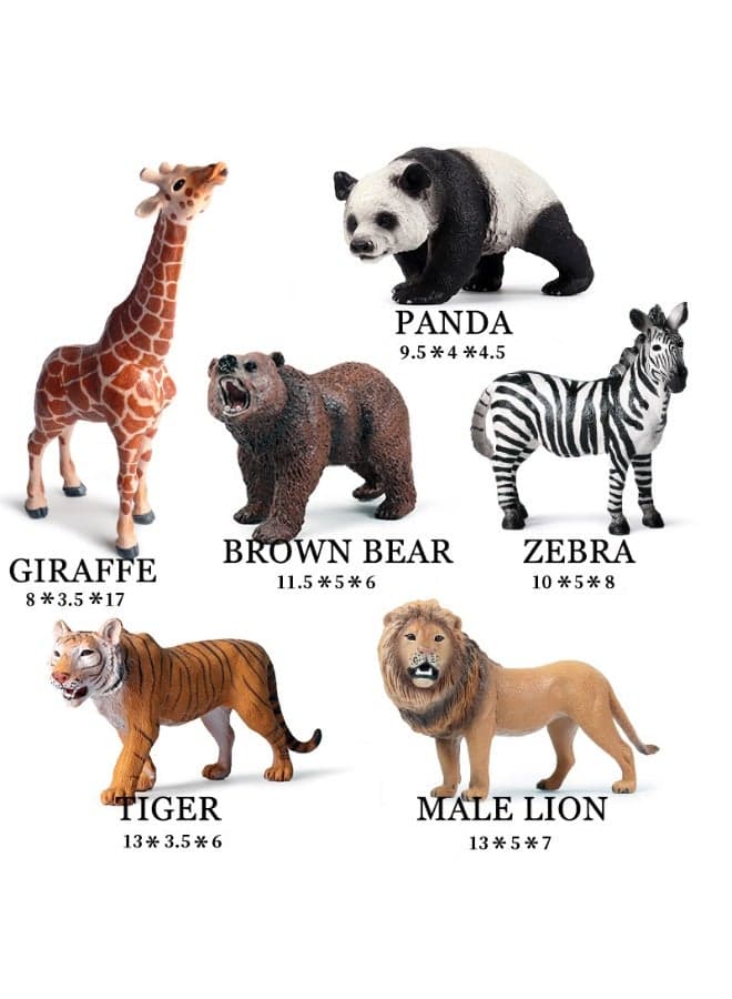 6-Piece Wild Animal Model Toy Set (Including Giraffe, Brown Bear, Panda, Zebra, Tiger, And Lion), Realistic Solid Plastic Animal Statues, For Kids Cognitive Education, Action Figure Role Play, Bath And Pool Toys, Universal Birthday Party Gifts For Boys And Girls , 9.5*4*4.5 Cm