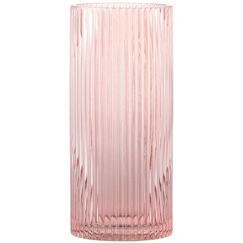 YANWE1 Pink Glass Vase for Flowers Ribbed Glass Vase, Pink Flower Vase, Tall Cylinder Glass Vases for Centerpieces, Living Room, Bedroom, Dining Table, Office, Wedding, Bookshelf Decoration,10 Inches