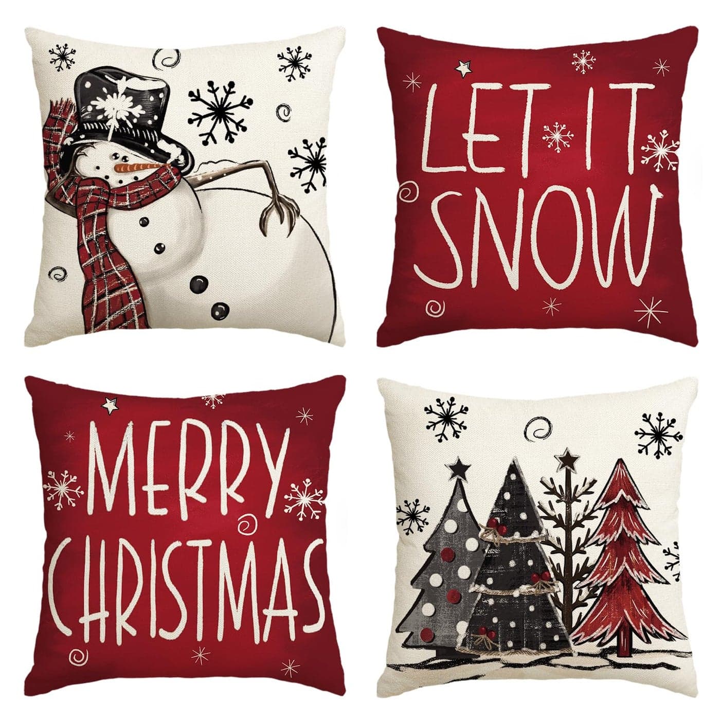 AVOIN colorlife Merry Christmas Snowman Let It Snow Throw Pillow Covers 20 x 20 Inch Xmas Tree Winter Holiday Cushion Case Decoration for Sofa Couch Set of 4