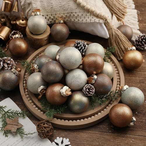 Suilung 24 Pcs Neutral Textured Christmas Ball Ornaments 236 Vintage Christmas Tree Decor Modern Rustic Brown Ornaments with Loop Shatterproof Hanging Ball for Xmas Farmhouse Decor Earth Color