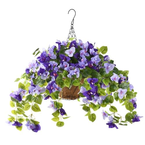 Homsunny Artificial Fake Hanging Flowers Plants Basket for Outdoor Decoration Faux Silk Flower Bougainvillea Planter Look Real UV Resistant for Home Porch Patio Balcony Yard Spring DecorPurple