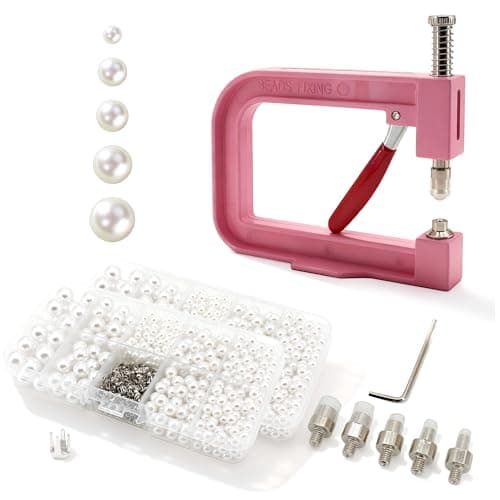 Pearl Setting Machine Hand Press Tools 2 Boxes White No Holes Pearl Beads with Rivet Studs Screw Heads L Hexagon Wrench for Decorating Clothes Hat Trousers Dresses Bag Hair Band DIY Crafts (Pink)