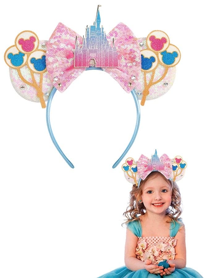1 Pc Pink Sequin Mouse Ears Headband with Castle Bow, Princess Style Hair Accessory for Women & Girls, Ideal for Theme Park Trips, Parties & Cosplay Costumes