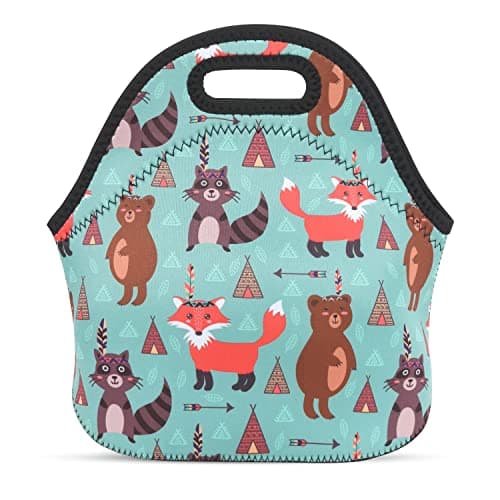 Violet Mist Womens Reusable Neoprene Lunch Bag Cute Insulated Lunch Box Fox Bear Animal Thermal lunch bags Waterproof Food Handbags Meal Prep Lunchbags Travel Work Gift for Women Men Adult