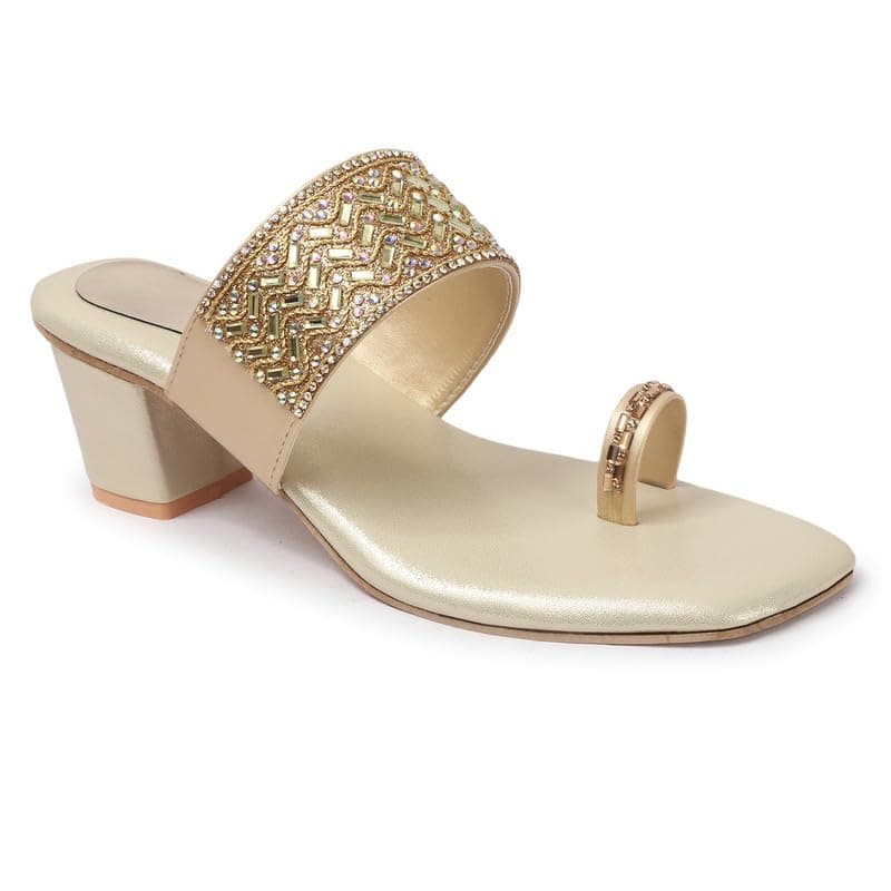 DIPYO Stylish Embroidered Stone Design Ethnic Block Heel Slip-On Sandals for Women (Peach, Golden)