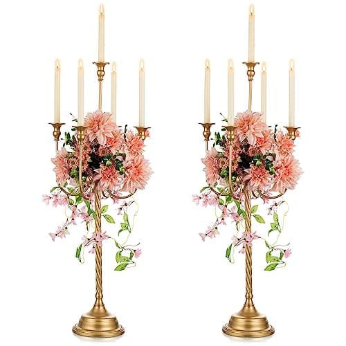 NUPTIO Candle Holders for Table Centerpiece 2 Pcs 37 inch Tall 5 Arm Gold Candelabra Floor Standing Candlestick Holder for Taper Candles Wedding Centerpieces Party Mantel Reception Decor