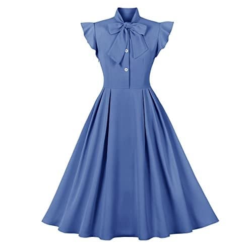 50s Dresses for Women Retro Dress Vintage Tea Dresses Cocktail Party Dress Bow Tie Work Church Casual Dress Rockabilly Dresses Prom Party A-Line Wedding Guest Midi Dress Blue Cap Sleeve Dress S