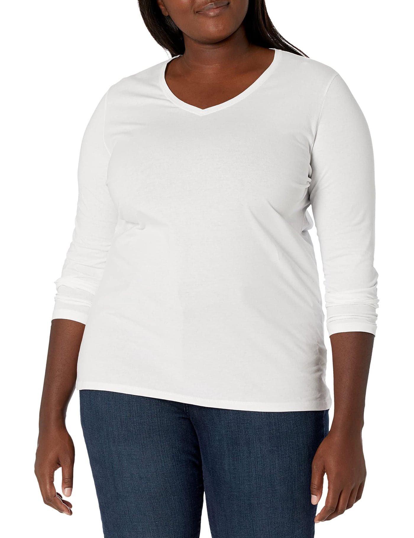 Just My Size Women's Plus Size Vneck Long Sleeve Tee, White, 1X