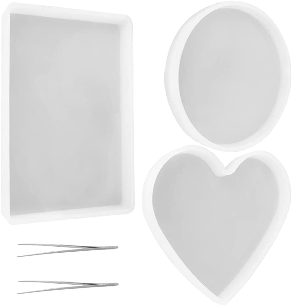 findTop 3 Pcs Silicone Molds with 2 Tweezers Include Round Rectangle Heart Shaped Coaster Mold for DIY Decorative Coaster