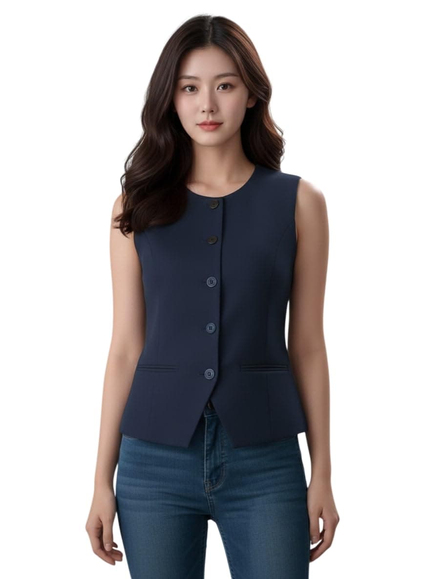 ROCKSY Women Stretch Waistcoat – Sleeveless Lightweight Round Neck Premium Vest with Pockets | Ideal for Formal, Office, Casual, Party, Color Blue, Size S
