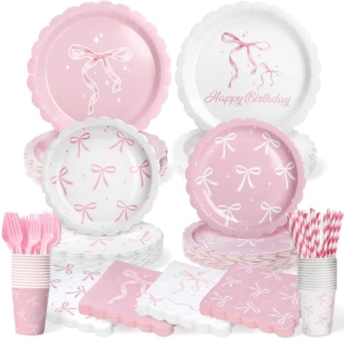 300 Pcs Pink Bow Plates, Cups, Napkins and Tableware Sets for Coquette Birthday Decorations, Party Supplies Include Straws, Pink Birthday Decorations Which Can Serve 50