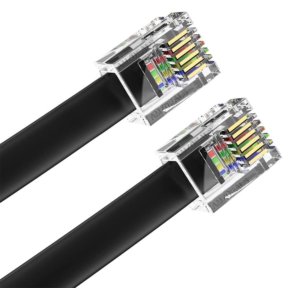 AmzDeals 2-Pack 6 Inch Black RJ12 6P6C Straight Wired Cable, Pro Grade Data and Voice Phone Line Cord - Made in USA