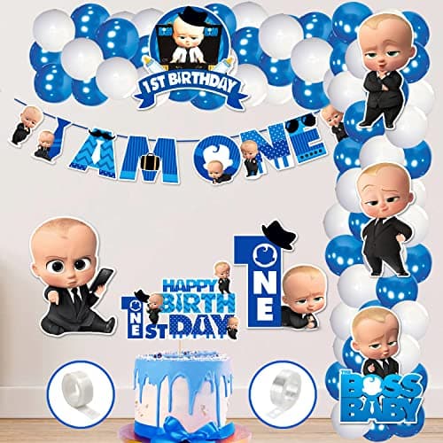Zyozique 60 Piece First Baby Boss theme Decoration Paper Banner Cardstock Cake Toppers Balloons Birthday Decoration Kit